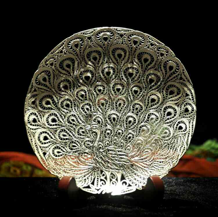 纯银银丝画孔雀盘摆件工艺品礼品 道安银花丝手工 国家级非遗项目